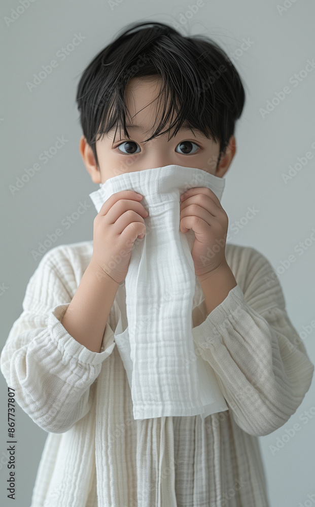 Portrait of a child blowing his nose with a paper on a white background Portrait of a child blowing his nose with a paper on a white background
