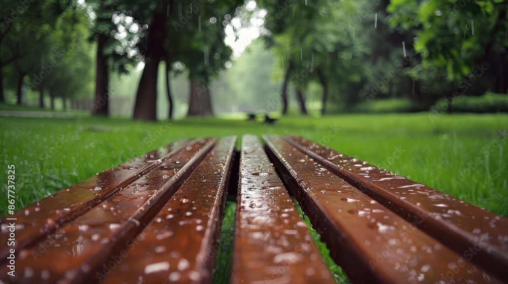 Detailed shot of rain-soaked wooden bench in a park, with lush green grass and trees in the background Detailed shot of rain-soaked wooden bench in a park, with lush green grass and trees in the background