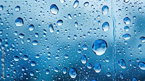 Macro image of water droplets on a car window, capturing the texture and patterns created by the rain