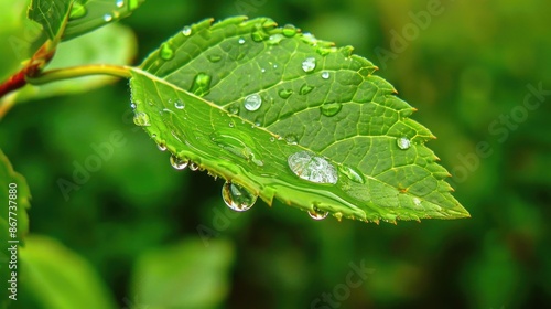 Close-up of a single raindrop on the edge of a leaf, perfectly round and reflecting the surrounding greenery
