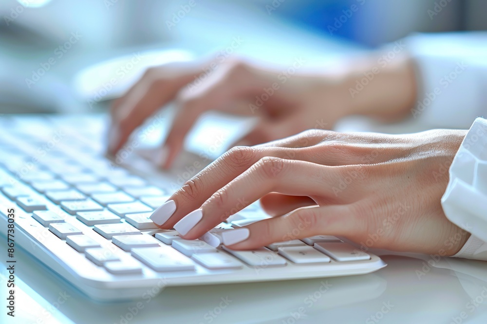 Close-up of Japanese hands typing on a keyboard in an office, modern workspace, focus on detail and speed Close-up of Japanese hands typing on a keyboard in an office, modern workspace, focus on detail and speed