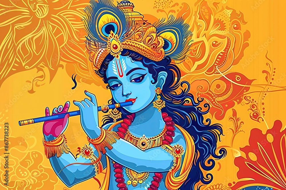 elegant design of God Krishna playing flute on Happy Janmashtami festival background of India elegant design of God Krishna playing flute on Happy Janmashtami festival background of India