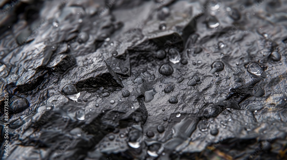 Raindrops on the smooth surface of a black stone, highlighting the texture and shine of the wet rock Raindrops on the smooth surface of a black stone, highlighting the texture and shine of the wet rock