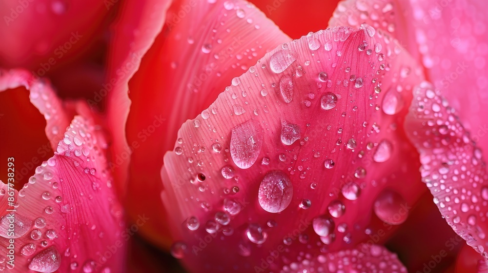 Close-up of rain-soaked petals of a bright pink tulip, with the droplets adding to the flower's beauty Close-up of rain-soaked petals of a bright pink tulip, with the droplets adding to the flower's beauty