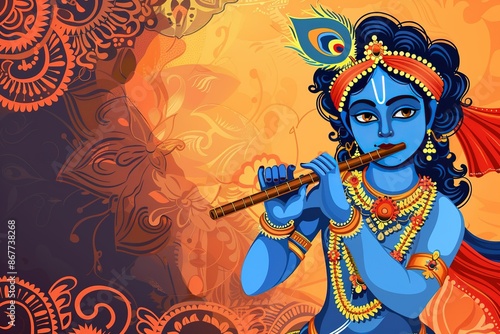 elegant design of God Krishna playing flute on Happy Janmashtami festival background of India