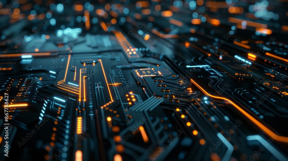 Close-up of a futuristic circuit board with glowing orange and blue lines, representing advanced technology and electronic innovation. Close-up of a futuristic circuit board with glowing orange and blue lines, representing advanced technology and electronic innovation.
