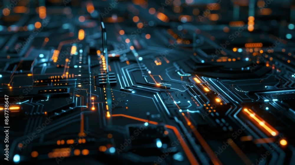 Close-up of a futuristic circuit board with glowing orange and blue lines, representing advanced technology and electronic innovation. Close-up of a futuristic circuit board with glowing orange and blue lines, representing advanced technology and electronic innovation.