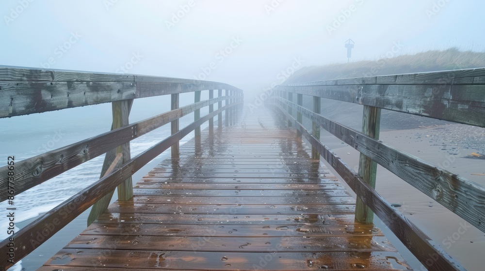 Fototapeta premium Wet boardwalk leading to a foggy beach, with raindrops glistening on the wooden planks