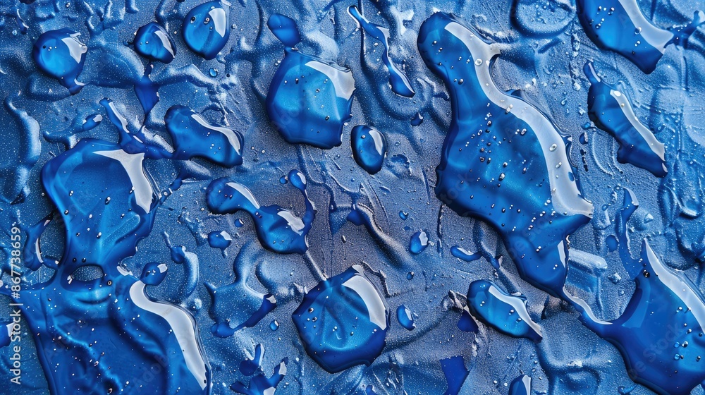 Detailed shot of raindrops on a blue ceramic surface, highlighting the texture and color Detailed shot of raindrops on a blue ceramic surface, highlighting the texture and color