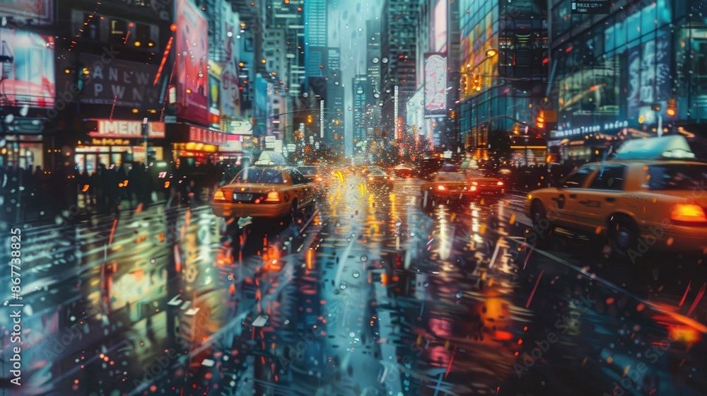 Naklejka premium Rain falling on a busy city street, with wet pavement and reflections of lights from nearby shops