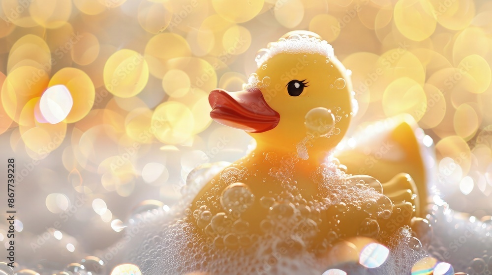 Rubber duck covered in soap bubbles.