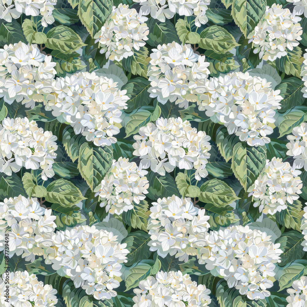 Seamless pattern of beautiful white hydrangea flowers with green leaves. Seamless pattern of beautiful white hydrangea flowers with green leaves.