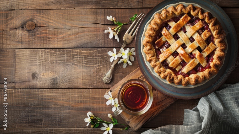 Delicious homemade pie with a cup of tea on a rustic wooden table. Delicious homemade pie with a cup of tea on a rustic wooden table.