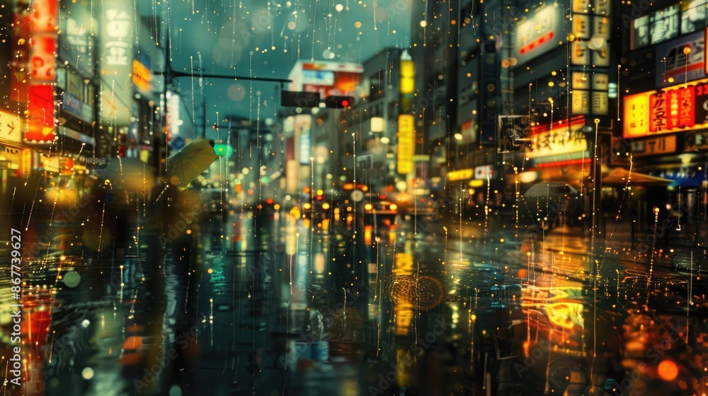 Fototapeta premium Rain falling on a busy city street, with wet pavement and reflections of lights from nearby shops