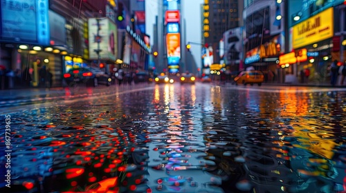 Rain falling on a busy city street, with wet pavement and reflections of lights from nearby shops © kanesuan