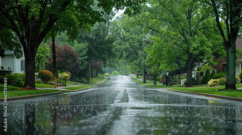 Rain falling on a suburban street, with wet asphalt and trees lining the road Rain falling on a suburban street, with wet asphalt and trees lining the road