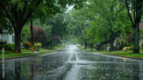 Rain falling on a suburban street, with wet asphalt and trees lining the road
