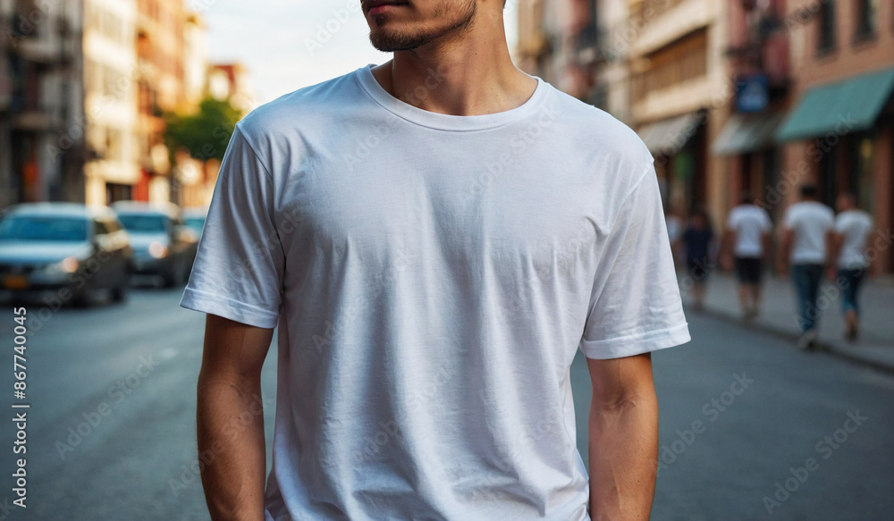 Muscular man wearing a trendy T-shirt while standing by a bustling city street, Print T-shirt Mockup Muscular man wearing a trendy T-shirt while standing by a bustling city street, Print T-shirt Mockup