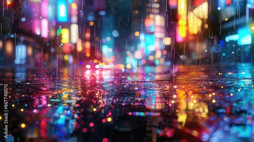 Rain falling on a city street at dusk, with the wet pavement reflecting the colorful lights from nearby buildings