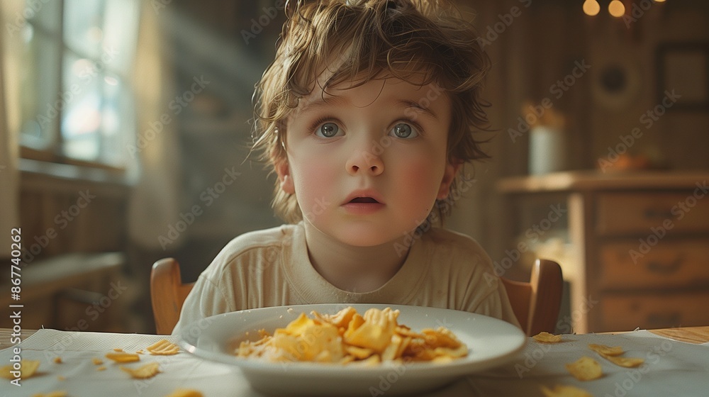 A young boy with messy hair looks contemplatively at his breakfast in a cozy kitchen. A young boy with messy hair looks contemplatively at his breakfast in a cozy kitchen.