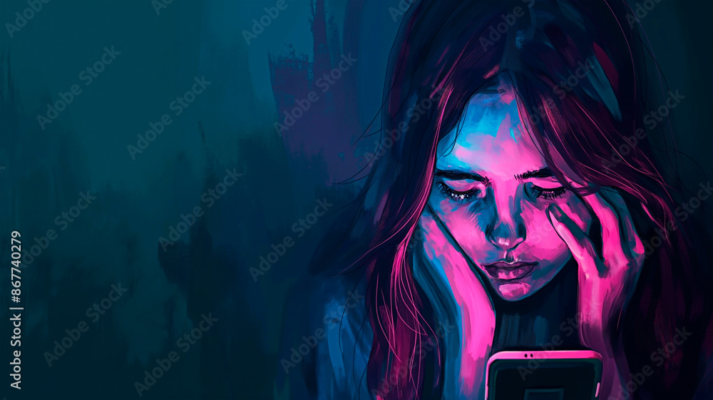 Concept of cyberbullying. Teen girl being harassed by digital bullying ...