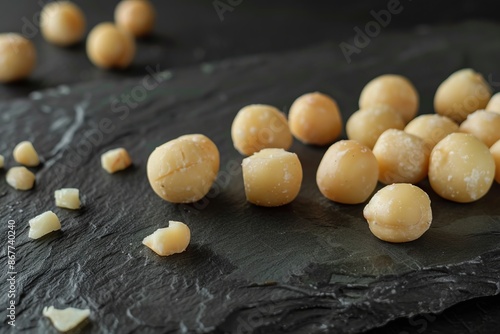 A close-up of macadamia nuts on a black slate platter