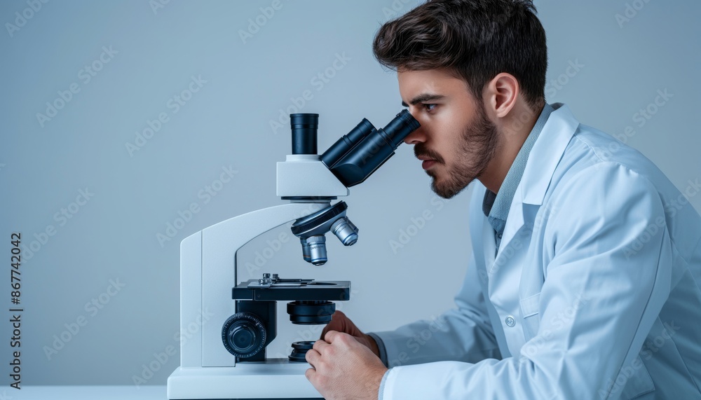 A male scientist attentively uses a microscope to analyze a sample in a laboratory setting A male scientist attentively uses a microscope to analyze a sample in a laboratory setting