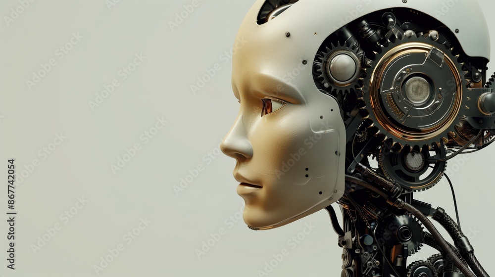 Futuristic Humanoid Robot Head with Exposed Mechanical Parts Futuristic Humanoid Robot Head with Exposed Mechanical Parts