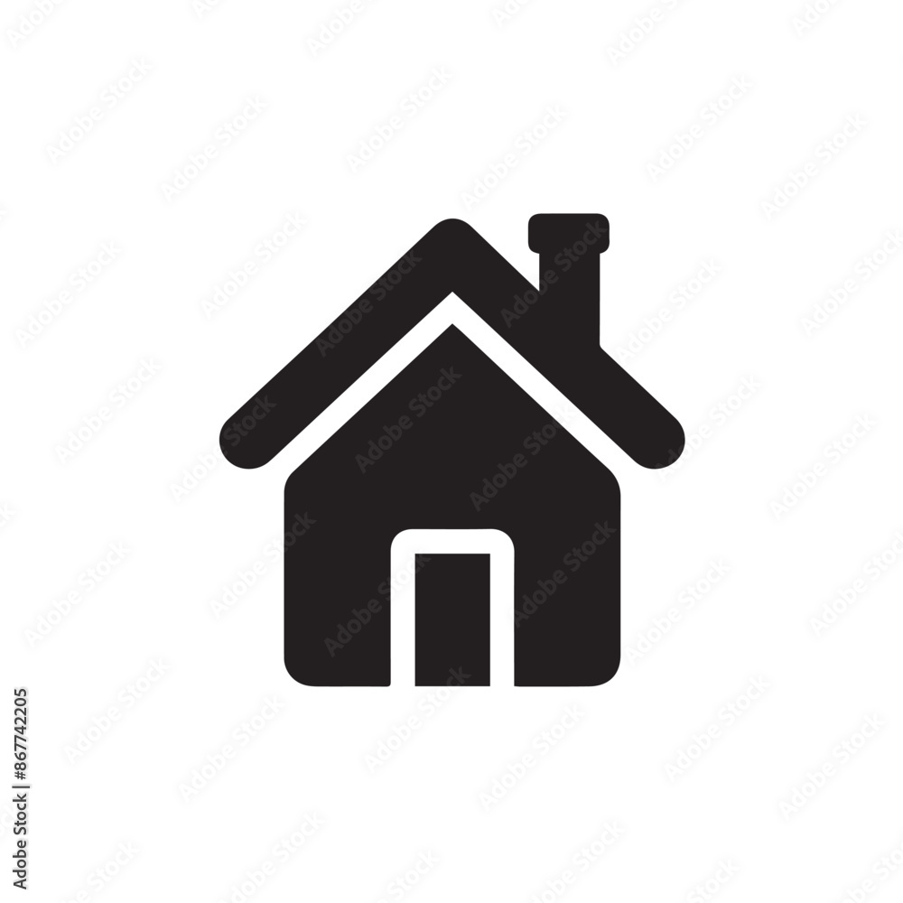 Minimalist Black Silhouette Icon of House with Triangular Roof and Chimney on White Background Minimalist Black Silhouette Icon of House with Triangular Roof and Chimney on White Background