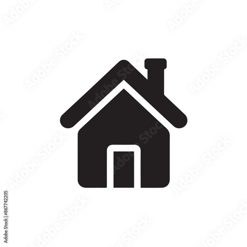 Minimalist Black Silhouette Icon of House with Triangular Roof and Chimney on White Background