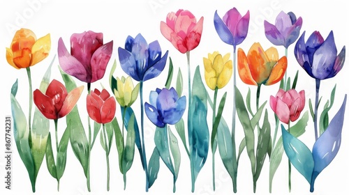 The image shows a variety of tulips in a field