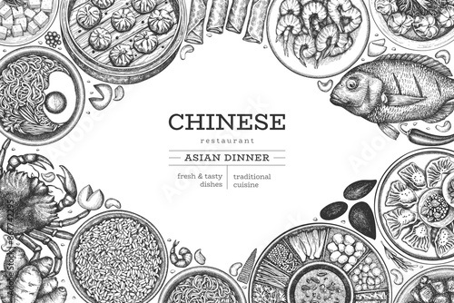 Chinese Cuisine Design Template. Vector Hand Drawn Asian Food Banner. Vintage Style Menu Illustration.