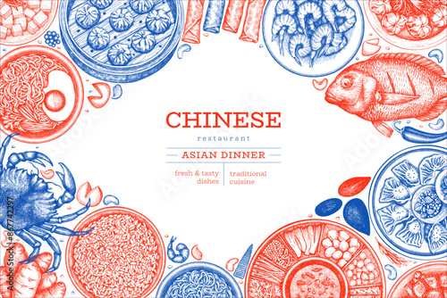 Chinese Cuisine Design Template. Vector Hand Drawn Asian Food Banner. Vintage Style Menu Illustration.