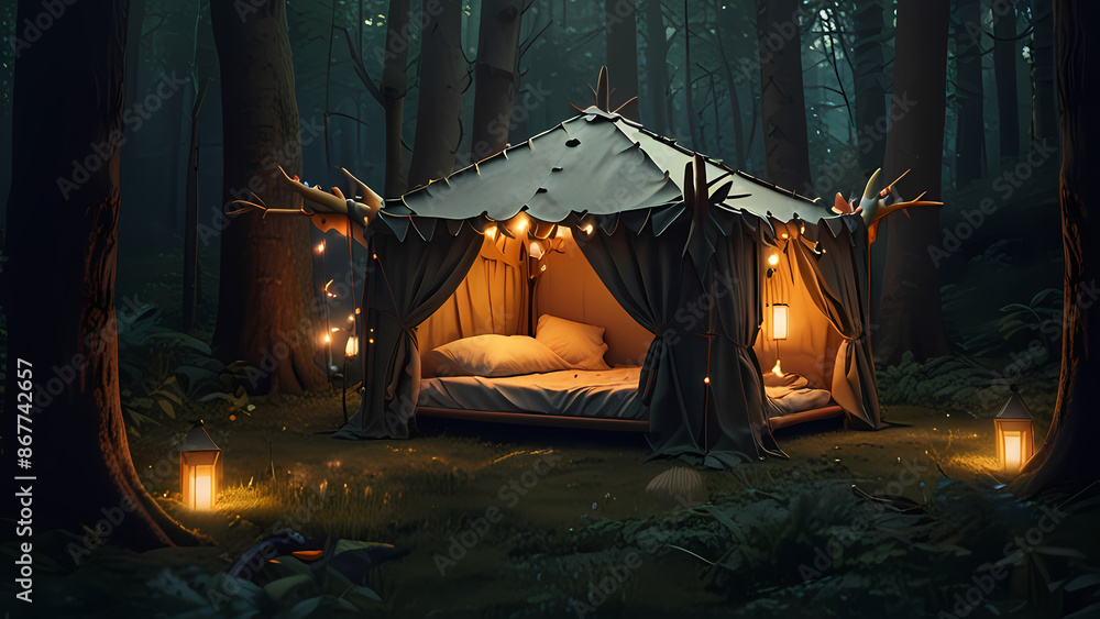 Fantasy Pillow Fort: Illustration of a whimsical, magical pillow fort in the middle of an enchanted forest Fantasy Pillow Fort: Illustration of a whimsical, magical pillow fort in the middle of an enchanted forest