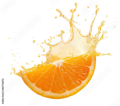 Delicious orange slice splashing fresh juice, cut out
