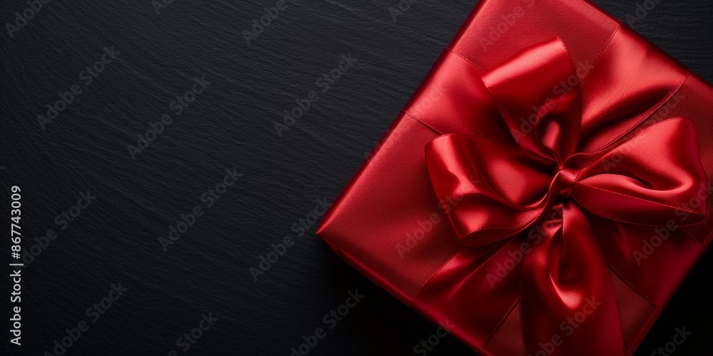 Red gift box with a red ribbon on a black background. Stylish and festive design perfect for holiday gift presentations. Red gift box with a red ribbon on a black background. Stylish and festive design perfect for holiday gift presentations.