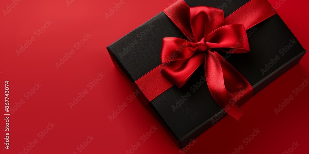 Black gift box with red ribbon on a red background. Elegant and festive design suitable for holiday gift presentations. Black gift box with red ribbon on a red background. Elegant and festive design suitable for holiday gift presentations.