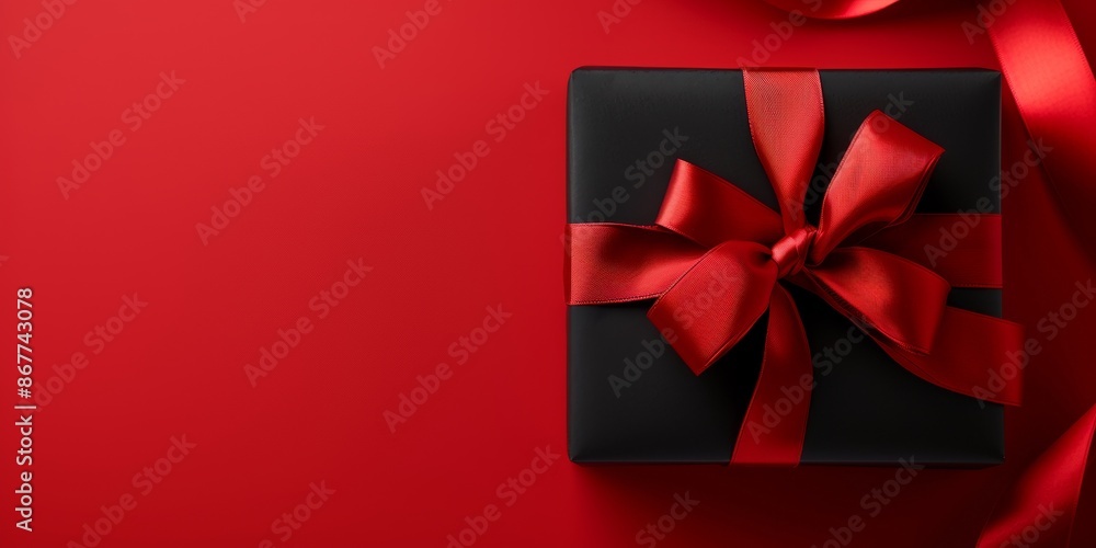 Black gift box with red ribbon on a red background. Elegant and festive design suitable for holiday gift presentations. Black gift box with red ribbon on a red background. Elegant and festive design suitable for holiday gift presentations.