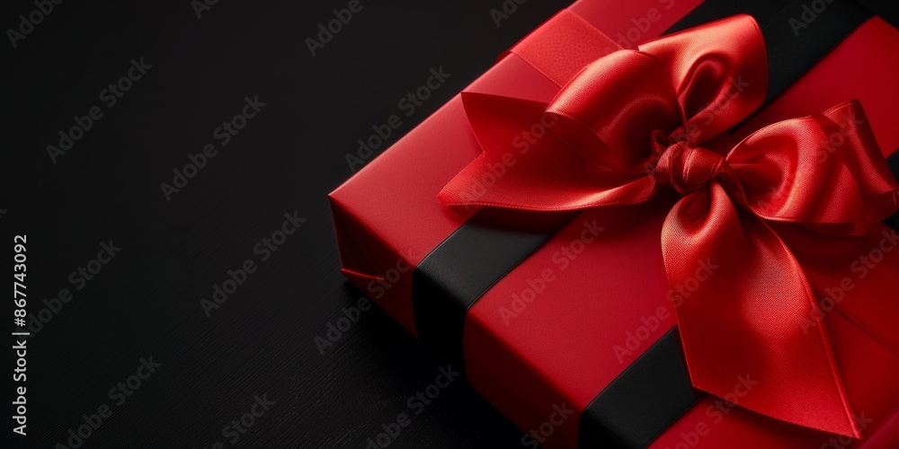 Red gift box with a red ribbon on a black background. Stylish and festive design perfect for holiday gift presentations. Red gift box with a red ribbon on a black background. Stylish and festive design perfect for holiday gift presentations.
