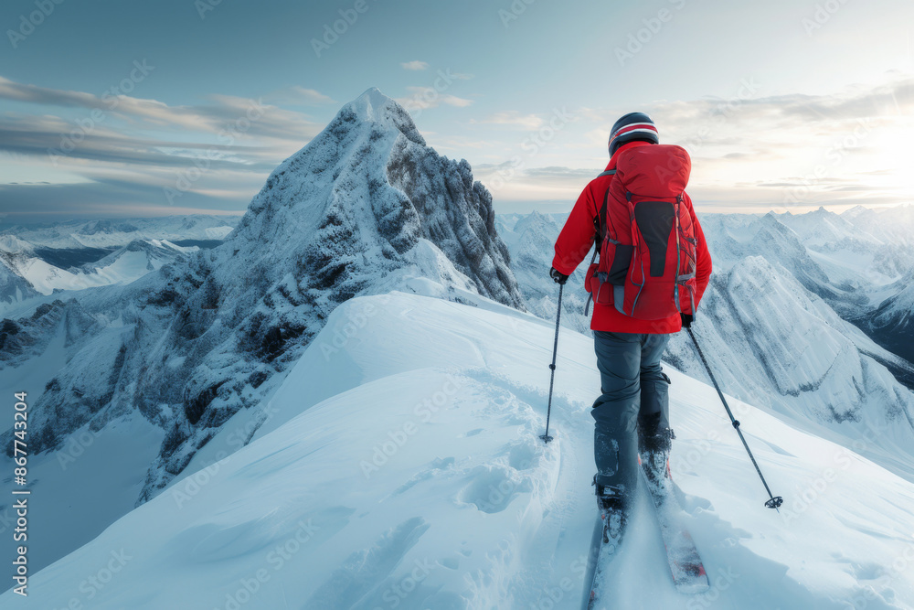 Skier traverse stunning snow covered peaks and ridges of high mountain range under clear blue skies, skier back view, thrill of adventure and allure of untouched wilderness Skier traverse stunning snow covered peaks and ridges of high mountain range under clear blue skies, skier back view, thrill of adventure and allure of untouched wilderness
