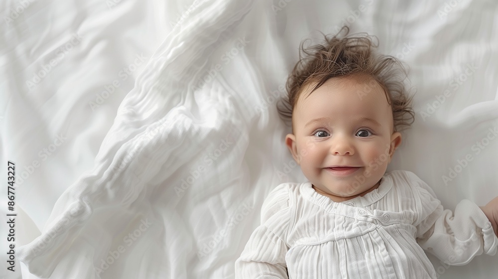 Smiling Baby Lying on White Blanket with Curly Hair Smiling Baby Lying on White Blanket with Curly Hair
