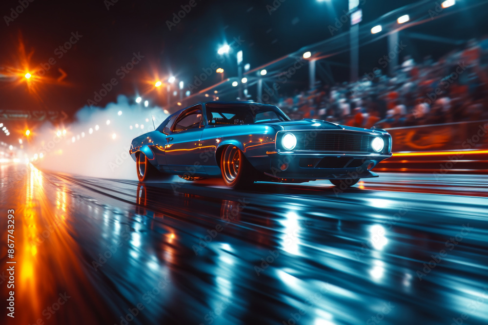 Muscle car engage in thrilling drag race at night with intense motion blur and vibrant lights enhancing excitement capturing essence of high octane racing under night sky Muscle car engage in thrilling drag race at night with intense motion blur and vibrant lights enhancing excitement capturing essence of high octane racing under night sky