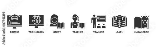 Online education banner web icon illustration concept with icon of course, technology, study, teacher, training, learn and knowledge