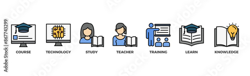 Online education banner web icon illustration concept with icon of course, technology, study, teacher, training, learn and knowledge