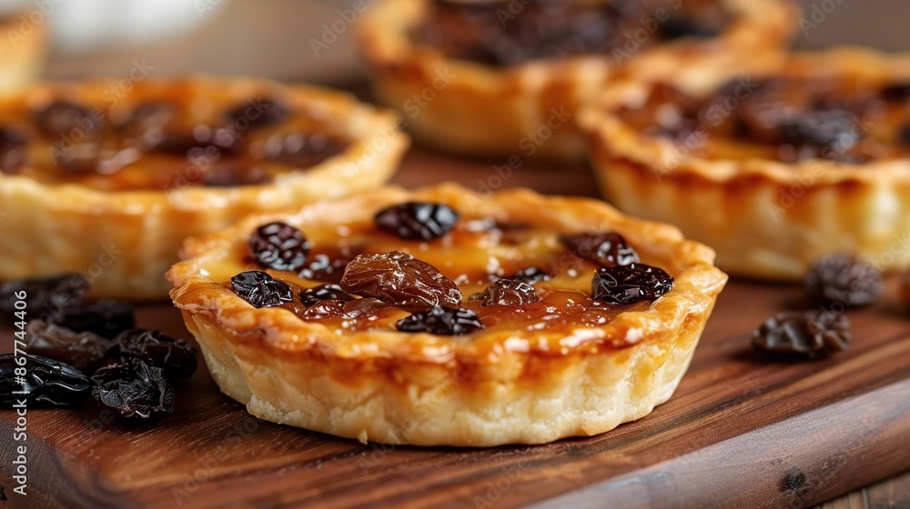 Raisin Tartlets on Wooden Board Raisin Tartlets on Wooden Board
