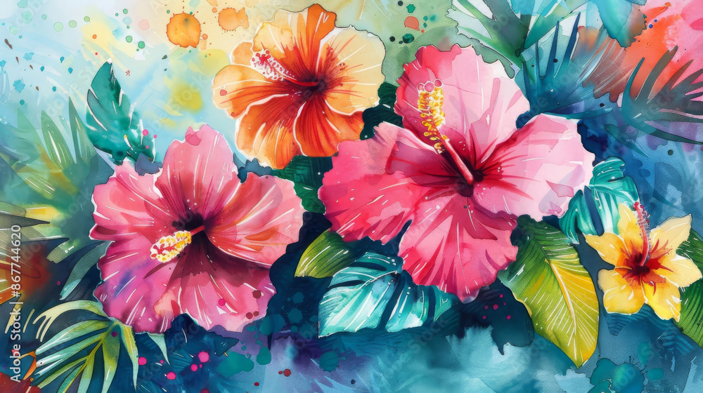 custom made wallpaper toronto digitalThe watercolor painting shows a bouquet of hibiscus flowers with green leaves on a blue background. The painting has a tropical feel.