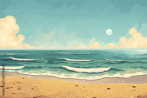 Sunny beach with gentle waves and clear skies in simple   animation style 