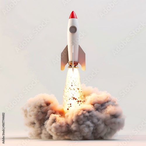 Rocket and smoke pastel color white background 3d