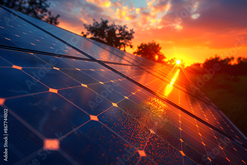 Instalación de paneles solares fotografiados al atardecer amanecer
