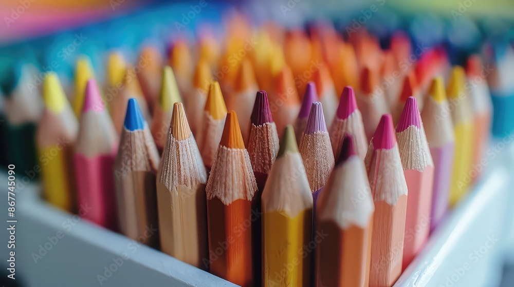 Close-up of a box of colored pencils, with pencils neatly arranged, on a white background Close-up of a box of colored pencils, with pencils neatly arranged, on a white background